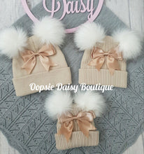 Load image into Gallery viewer, Girls Beige Knitted Pom Pom Hats & Scarf with Ribbon Sizes 0-6yrs