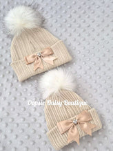 Load image into Gallery viewer, Caramel Beige Knitted Pom Pom Hat with Ribbon