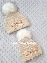 Load image into Gallery viewer, Caramel Beige Knitted Pom Pom Hat with Ribbon