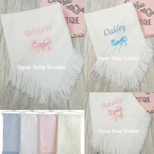 Load image into Gallery viewer, Personalised Baby Shawl Blanket with Ribbon Christening Shawl