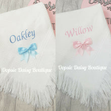 Load image into Gallery viewer, Personalised Baby Shawl Blanket with Ribbon Christening Shawl