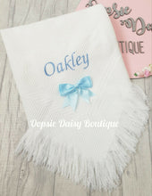 Load image into Gallery viewer, Personalised Baby Shawl Blanket with Ribbon Christening Shawl