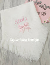 Load image into Gallery viewer, Personalised Baby Shawl Blanket with Ribbon Christening Shawl