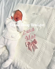 Load image into Gallery viewer, Personalised Baby Shawl Blanket with Ribbon Christening Shawl