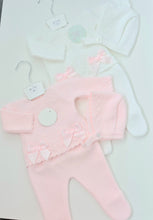 Load image into Gallery viewer, Baby Girls Knitted Trouser Set with Ribbons &amp; Bonnet