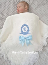 Load image into Gallery viewer, Personalised White Baby Shawl Blanket with Monogram &amp; Ribbon x 6 Colours