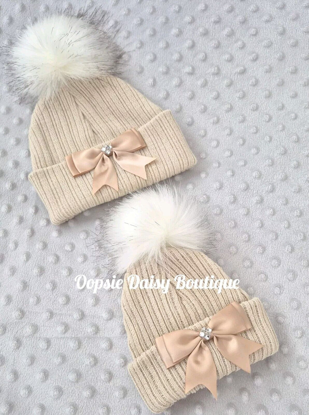 Caramel Beige Knitted Pom Pom Hat with Ribbon