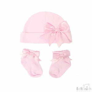 Baby Girls Ribbon Hat & Socks Set 0-3mth & 3-6mth