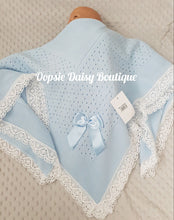 Load image into Gallery viewer, Blue Baby Knitted Shawl Blanket Lace Trim