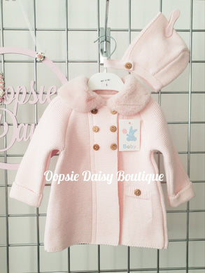 Pink Knitted Pram Coat with Bonnet Fur Collar