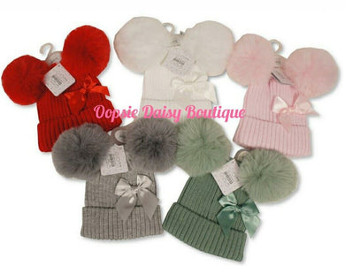Baby Girls Knitted Pom Pom Hat with Ribbon Bow Size 0-12mth