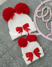 Load image into Gallery viewer, Knitted Pom Pom Hats with Ribbon Newborn &amp; 1-12mth