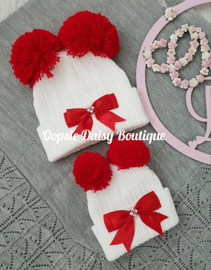 Knitted Pom Pom Hats with Ribbon Newborn & 1-12mth