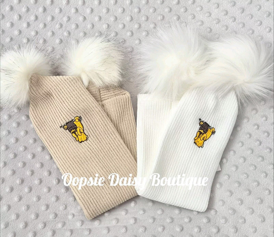 Winnie the Pooh Scarf Knitted Pom Pom Scarfs 0-6 yrs