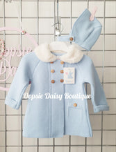 Load image into Gallery viewer, Blue Knitted Pram Coat with Bonnet Fur Collar
