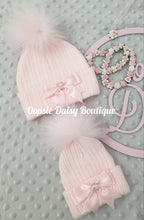 Load image into Gallery viewer, Baby Girls Pink Knitted Pom Pom Hat with Ribbon