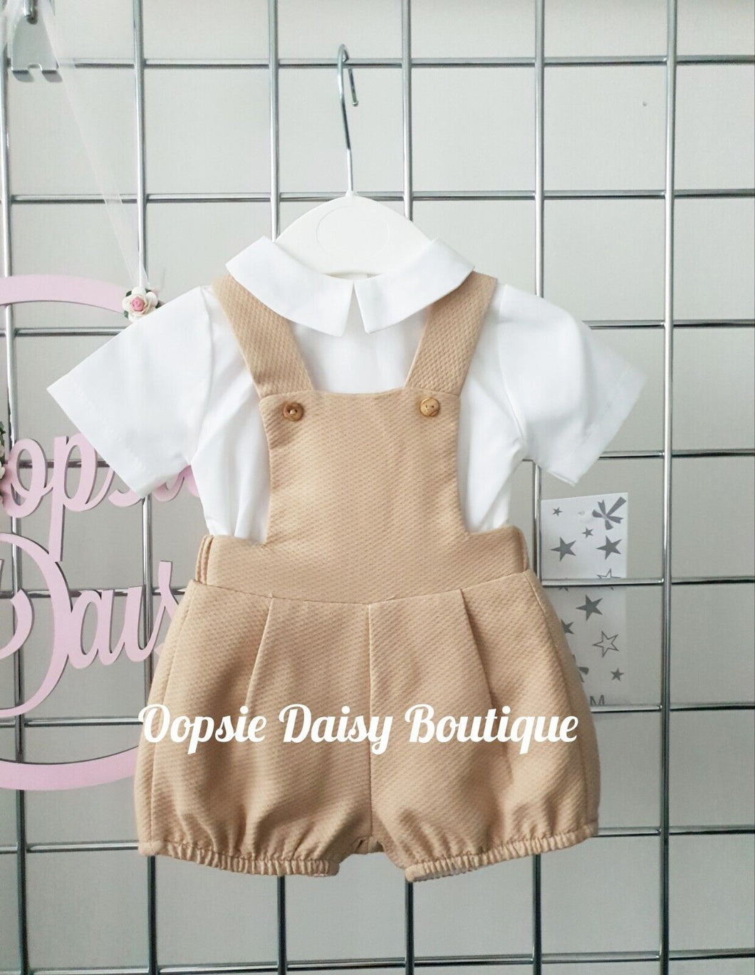 Boys Beige Waffle Dungaree Sets