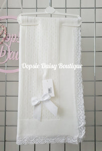 White Baby Knitted Shawl Blanket Lace Trim