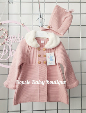 Girls Dusky Pink Knitted Pram Coat with Bonnet Fur Collar