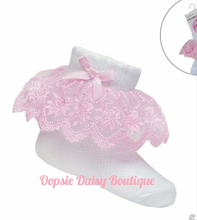 Baby Girls White Pink Frilly Ankle Socks Ribbon & Lace