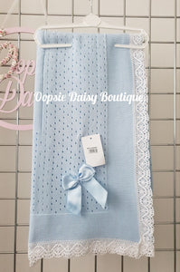 Blue Baby Knitted Shawl Blanket Lace Trim
