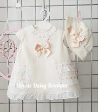Load image into Gallery viewer, Cream/Caramel Pretty Ribbon &amp; Lace Dress &amp; Bonnet Sets