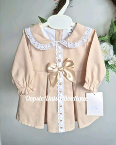 Girls Pretty Caramel Ribbon Waffle Dress