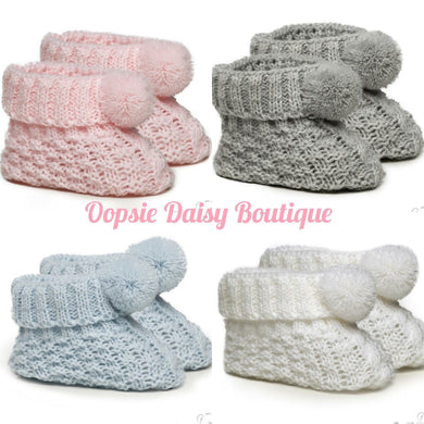 Baby Knitted Booties Pom Pom Size 0-3mth