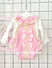 Load image into Gallery viewer, Girls Pink Ribbon Romper &amp; Blouse Set