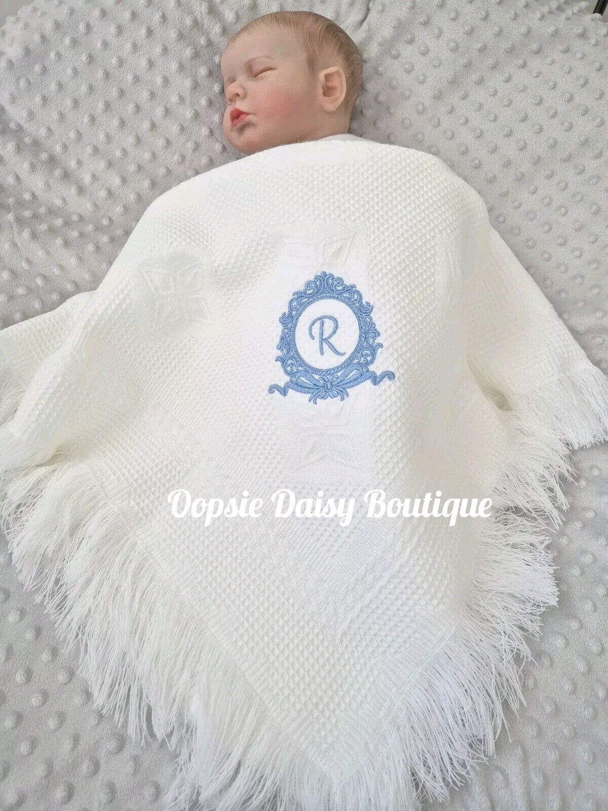 Personalised White Baby Shawl Blanket with Monogram x 6 Colours Oopsie Daisy Baby Boutique