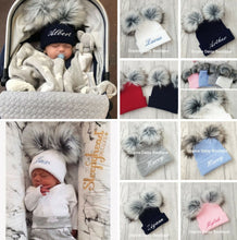 Load image into Gallery viewer, Personalised Hats Girls &amp; Boys Lovely Knitted Pom Pom Hats 0-6 years