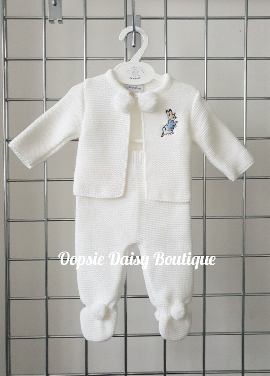 White Knitted Pom Pom Suit Blue Peter Rabbit - Dandelion – Oopsie Daisy ...