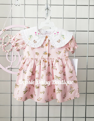 Girls Pink Embroidered Bunny & Flower Dress