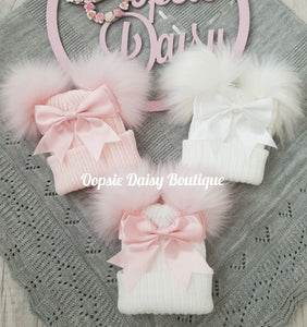 Baby Girls Lovely Knitted Pom Pom Hats with Ribbon Size Newborn