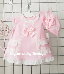 Pink Pretty Ribbon & Lace Dress & Bonnet Sets