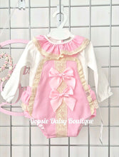 Load image into Gallery viewer, Girls Pink Ribbon Romper &amp; Blouse Set