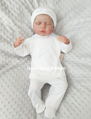 White Angel Wings Soft Cotton Trouser Set with Hat