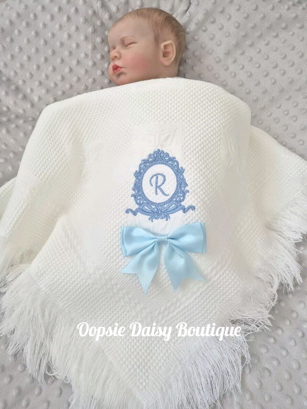 Personalised White Baby Shawl Blanket with Monogram & Ribbon x 6 Colours