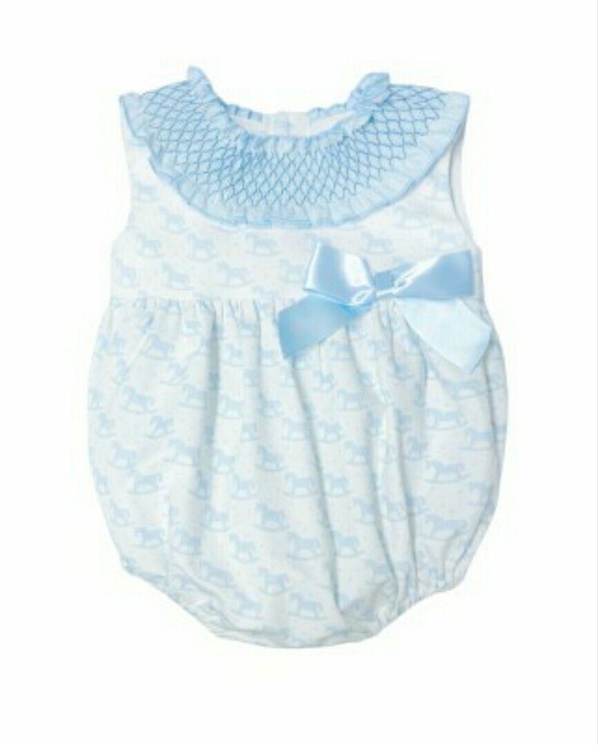 Girls Blue Rocking Horse Romper with Smocking