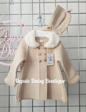 Load image into Gallery viewer, Girls Beige Knitted Pram Coat with Bonnet Fur Collar