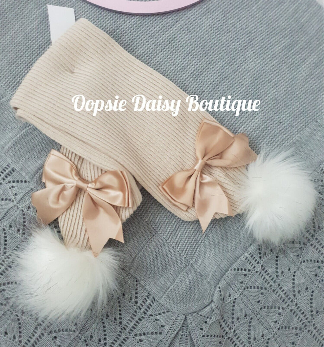 Baby Knitted Pom Pom Scarfs with Ribbon 0-6 yrs