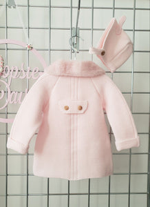 Pink Knitted Pram Coat with Bonnet Fur Collar