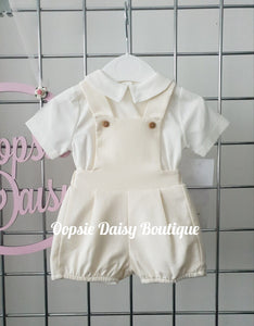 Boys Cream Waffle Dungaree Sets