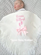 Load image into Gallery viewer, Personalised Baby Shawl Blanket with Ribbon &amp; Baby Feet