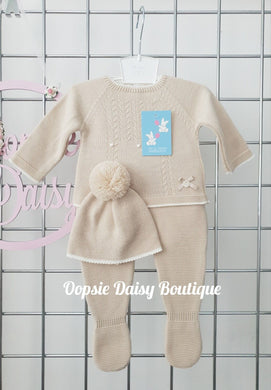 Beige Knitted Trouser Set with Pom Pom Hat