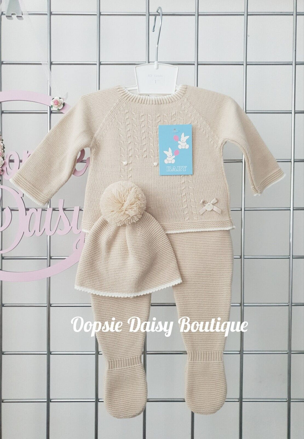 Beige Knitted Trouser Set with Pom Pom Hat