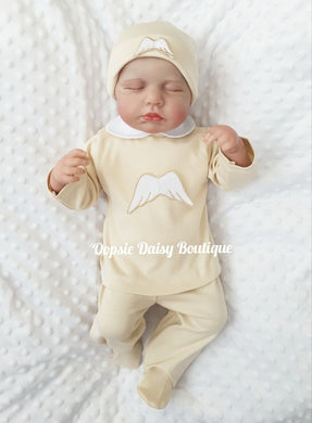 Beige Angel Wings Soft Cotton Trouser Set with Hat