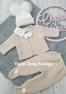 Boys Girls Camel Brown Knitted Pom Pom Suit - Dandelion/ All Hats Available Separately