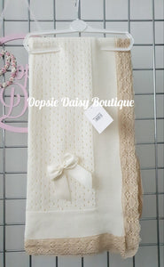 Cream Baby Knitted Shawl Blanket Lace Trim