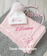 Load image into Gallery viewer, Personalised Blanket &amp; Pom Pom Hat 1-12mth , Blue or Pink
